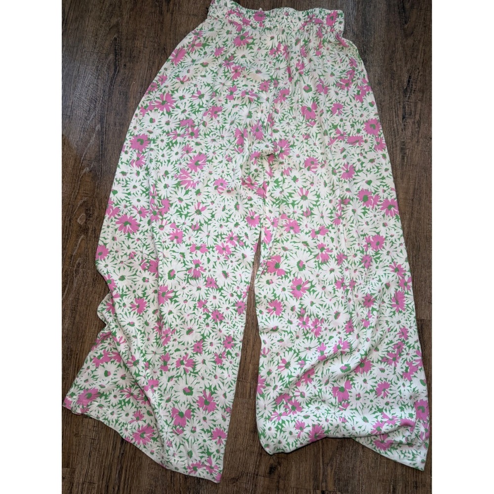 Chaser Floral Wide Leg Pants Medium Pink‎ Green Daisy Print Rayon CHA7130-GRS - Picture 6 of 8